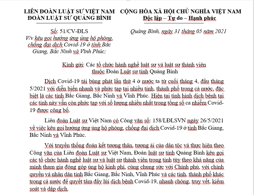 Công văn số: 51/CV-ĐLS V/v kêu gọi hưởng ứng ủng hộ phòng, chống đại dịch Covid-19 ở tỉnh Bắc Giang, Bắc Ninh và Vĩnh Phúc